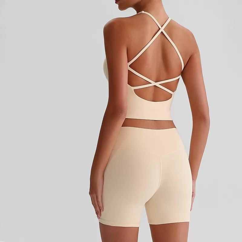 Ladies 2 PCS Sportswear Cross Back Sports Bra Shorts Yoga Set FGBTZ0328