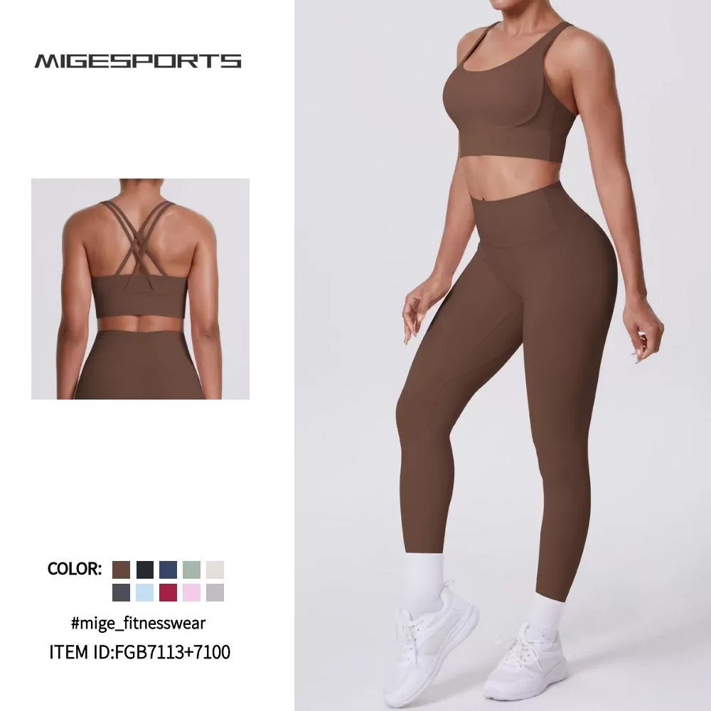 Cross Back Bra Yoga Leggings Gym Activewear 2 Piece Yoga Set FGB7113+7100