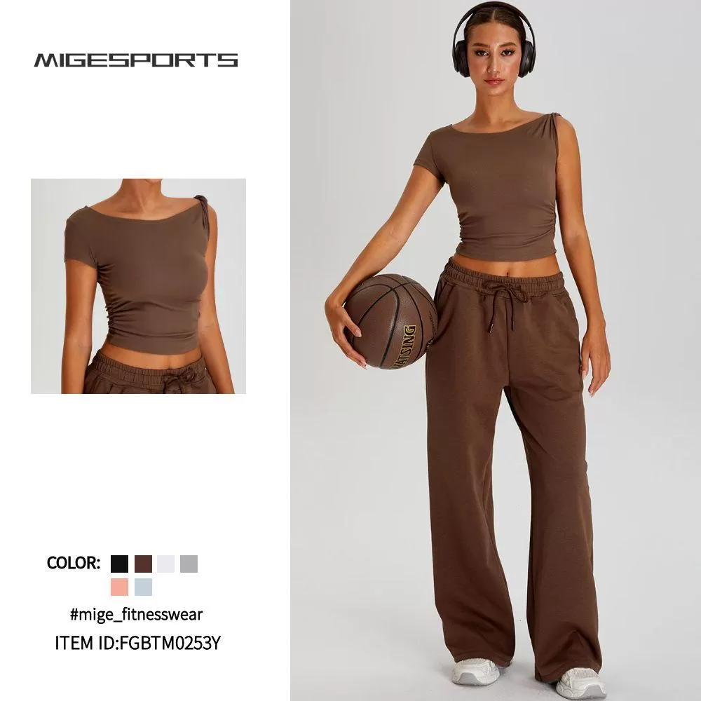 Women Solid Color 2 Piece Set Short Sleeve Tops Yoga Pants  FGBTM0253Y