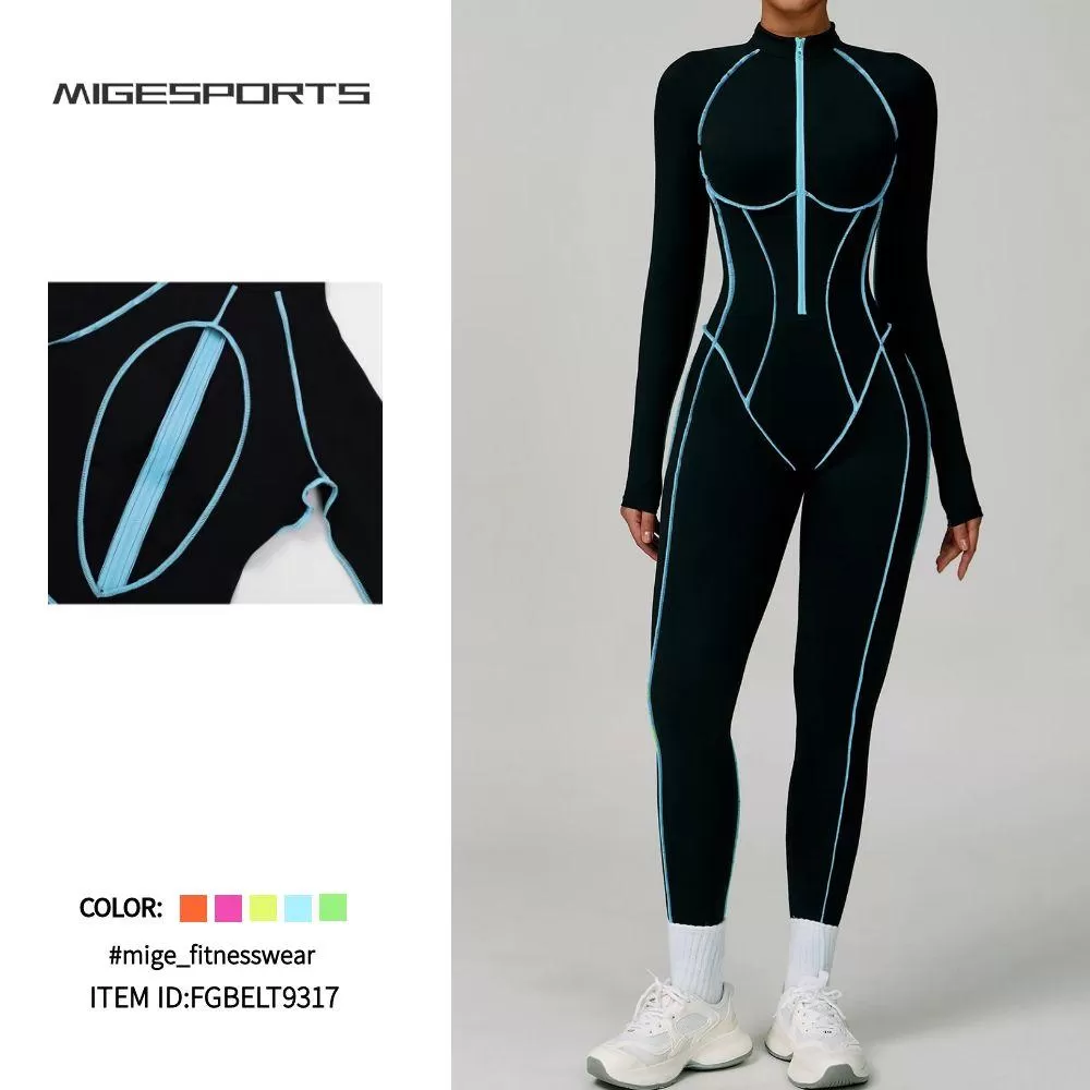 One Piece Long Sleeve Front Zipper Yoga Jumpsuit FGBELT9317