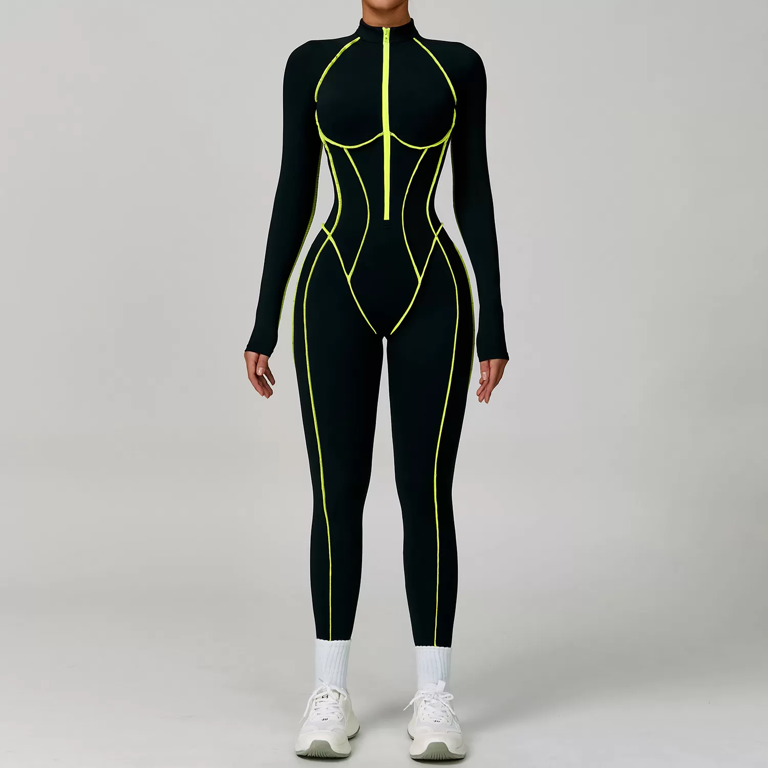 One Piece Long Sleeve Front Zipper Yoga Jumpsuit FGBELT9317