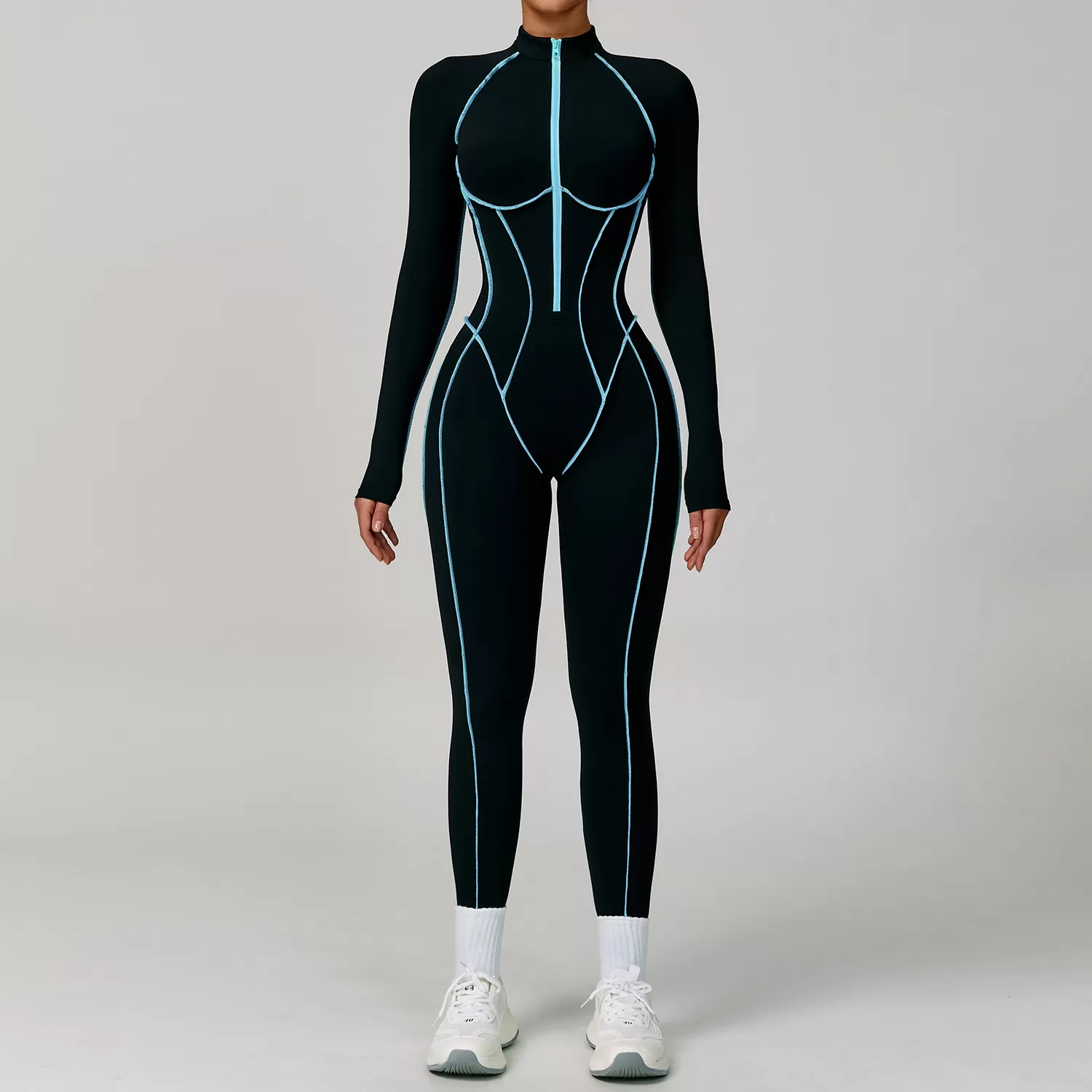One Piece Long Sleeve Front Zipper Yoga Jumpsuit FGBELT9317