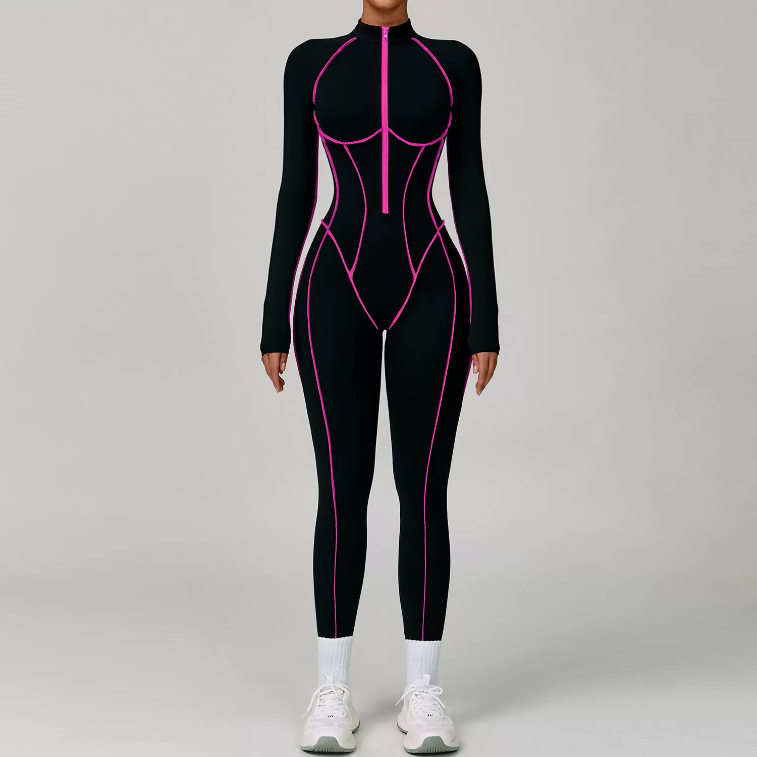 One Piece Long Sleeve Front Zipper Yoga Jumpsuit FGBELT9317
