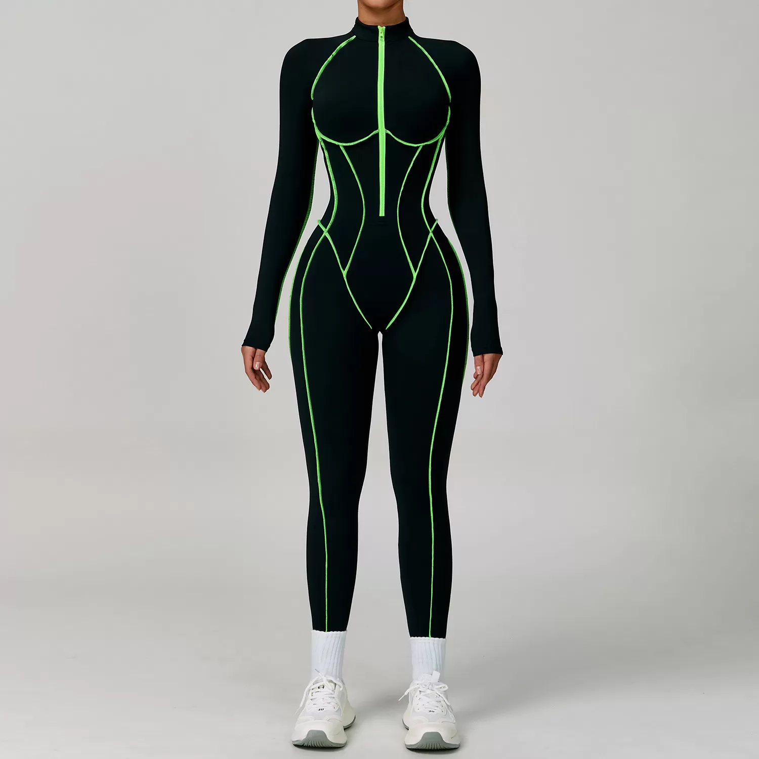 One Piece Long Sleeve Front Zipper Yoga Jumpsuit FGBELT9317