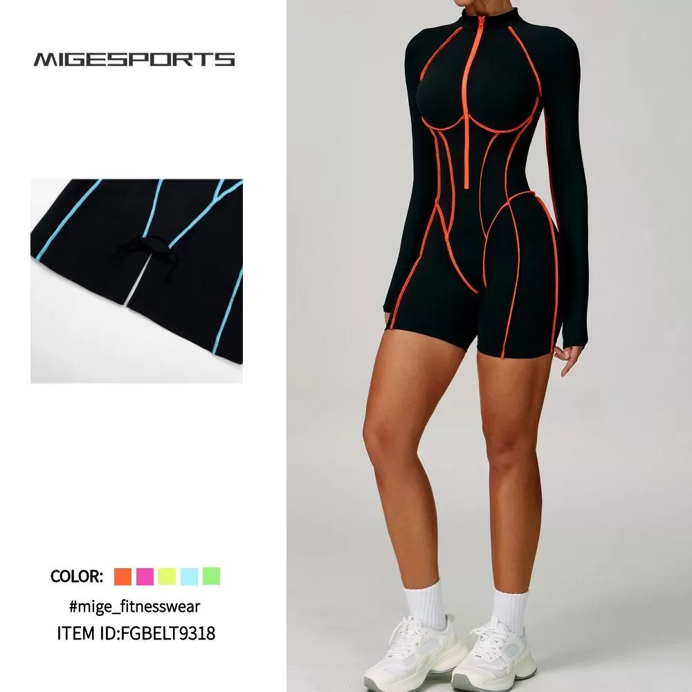 Women's Fitness Long Sleeve Shorts One Piece Jumpsuit FGBELT9318