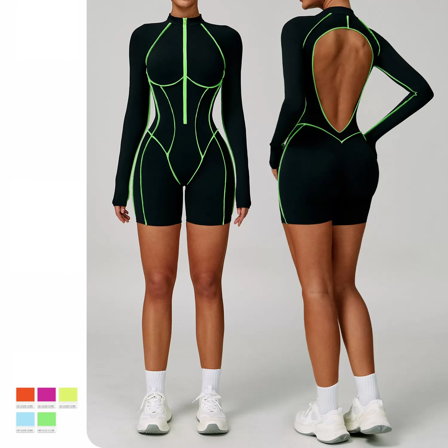 Women's Fitness Long Sleeve Shorts One Piece Jumpsuit FGBELT9318