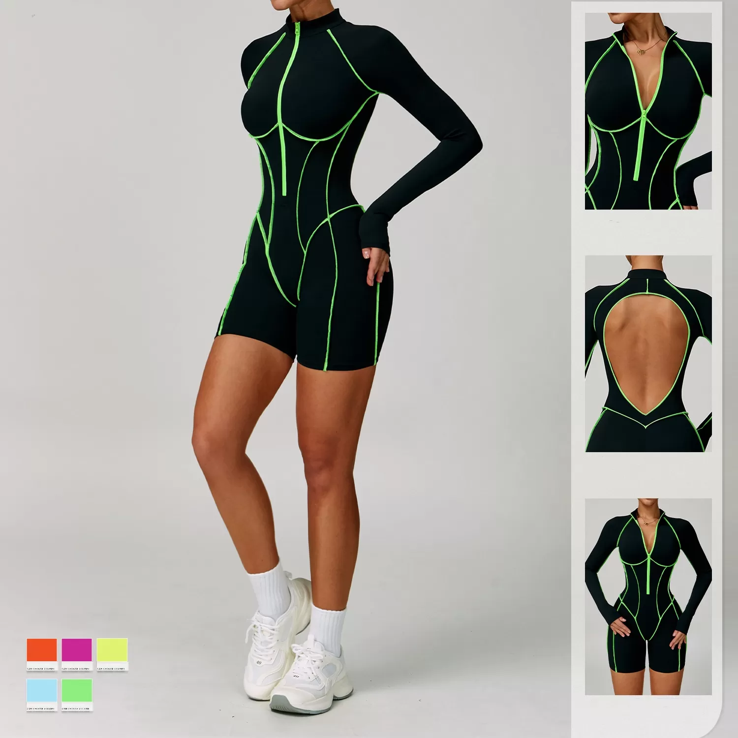 Women's Fitness Long Sleeve Shorts One Piece Jumpsuit FGBELT9318