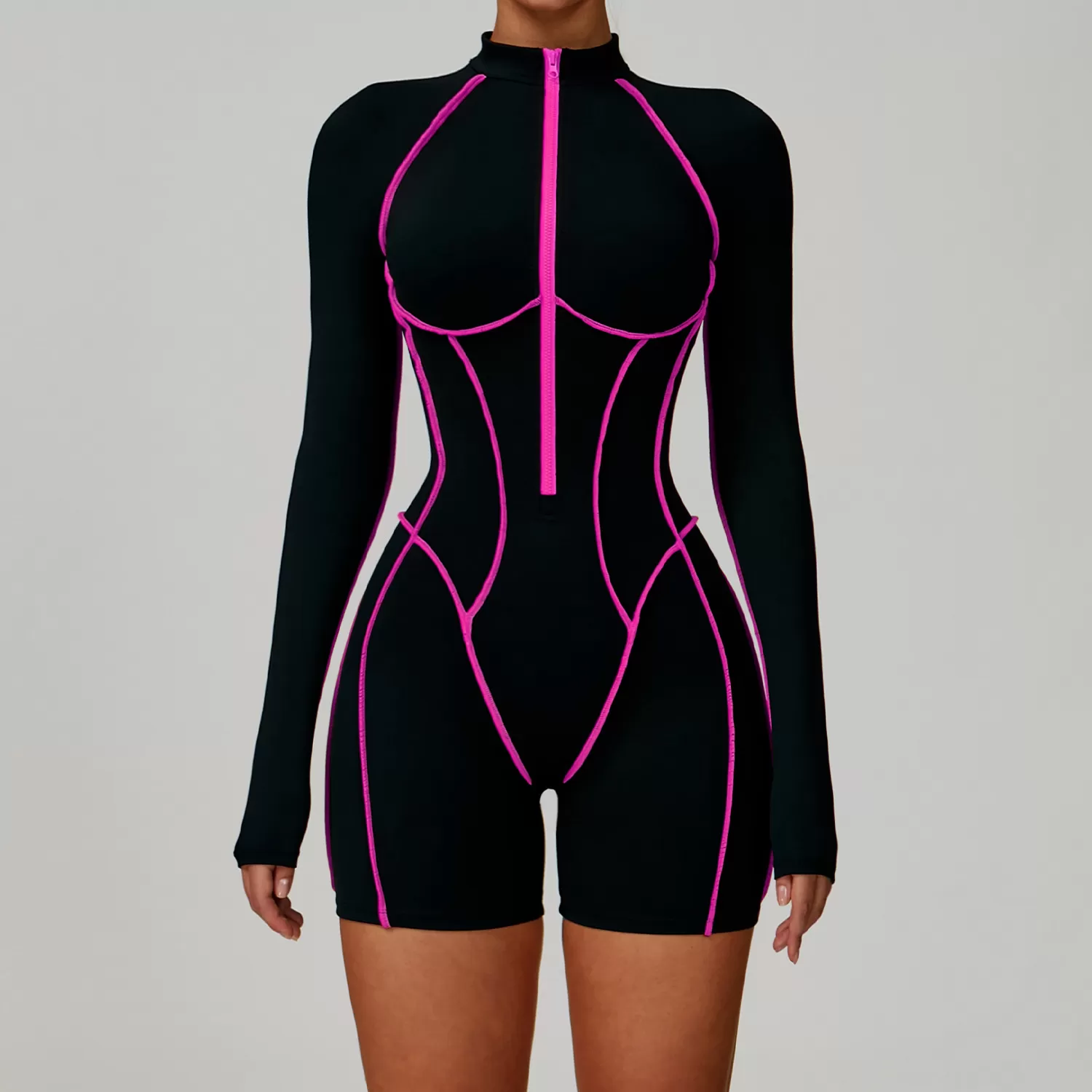 Women's Fitness Long Sleeve Shorts One Piece Jumpsuit FGBELT9318