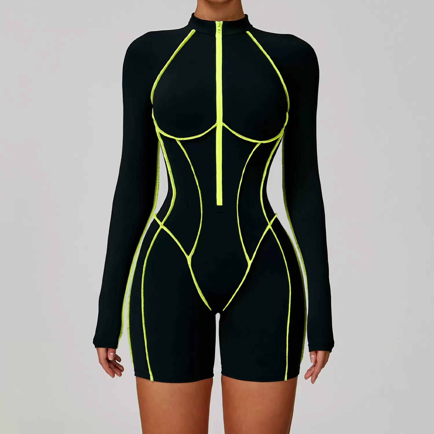 Women's Fitness Long Sleeve Shorts One Piece Jumpsuit FGBELT9318