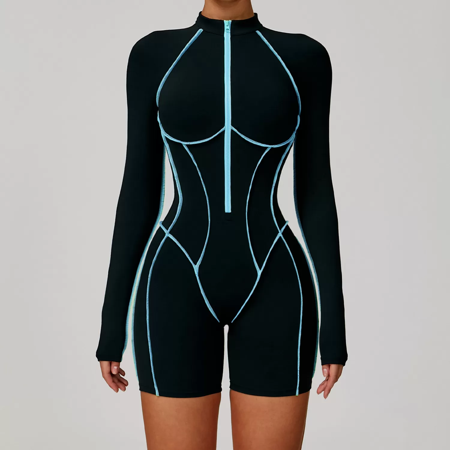 Women's Fitness Long Sleeve Shorts One Piece Jumpsuit FGBELT9318