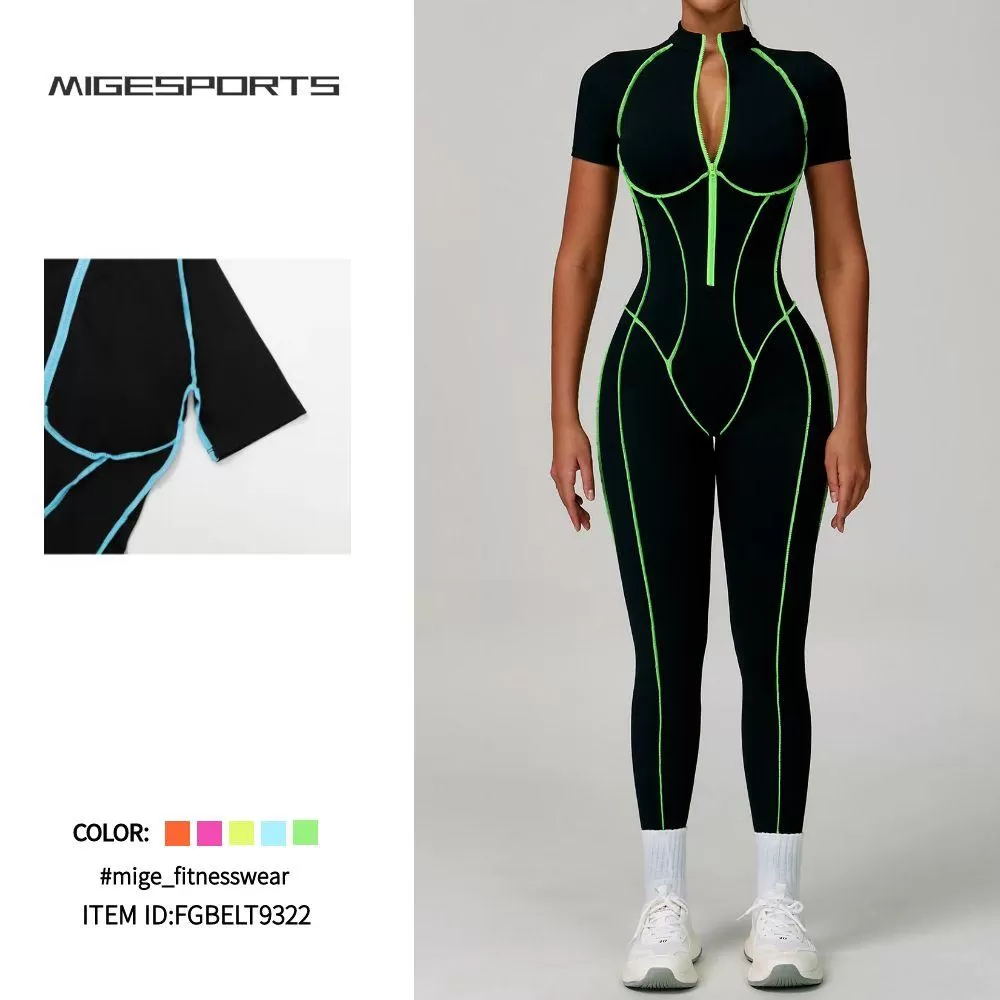 Women Yoga Short Sleeve Nude Feeling Gym Fitness Workout Zipper Jumpsuit FGBELT9322