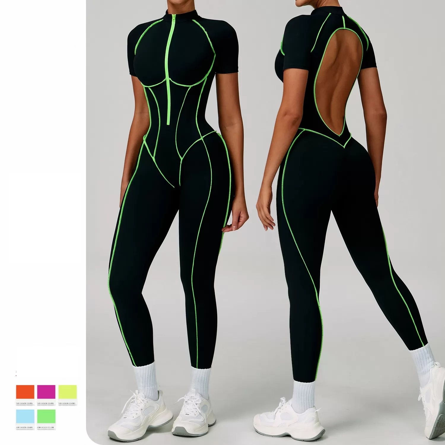 Women Yoga Short Sleeve Nude Feeling Gym Fitness Workout Zipper Jumpsuit FGBELT9322