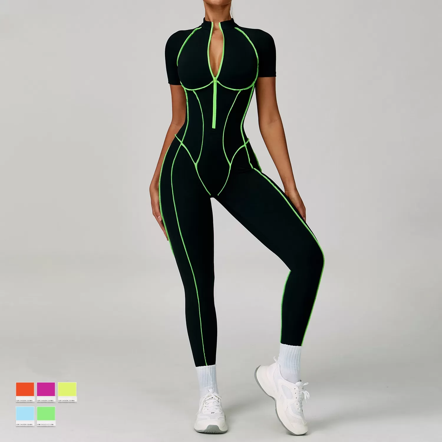 Women Yoga Short Sleeve Nude Feeling Gym Fitness Workout Zipper Jumpsuit FGBELT9322