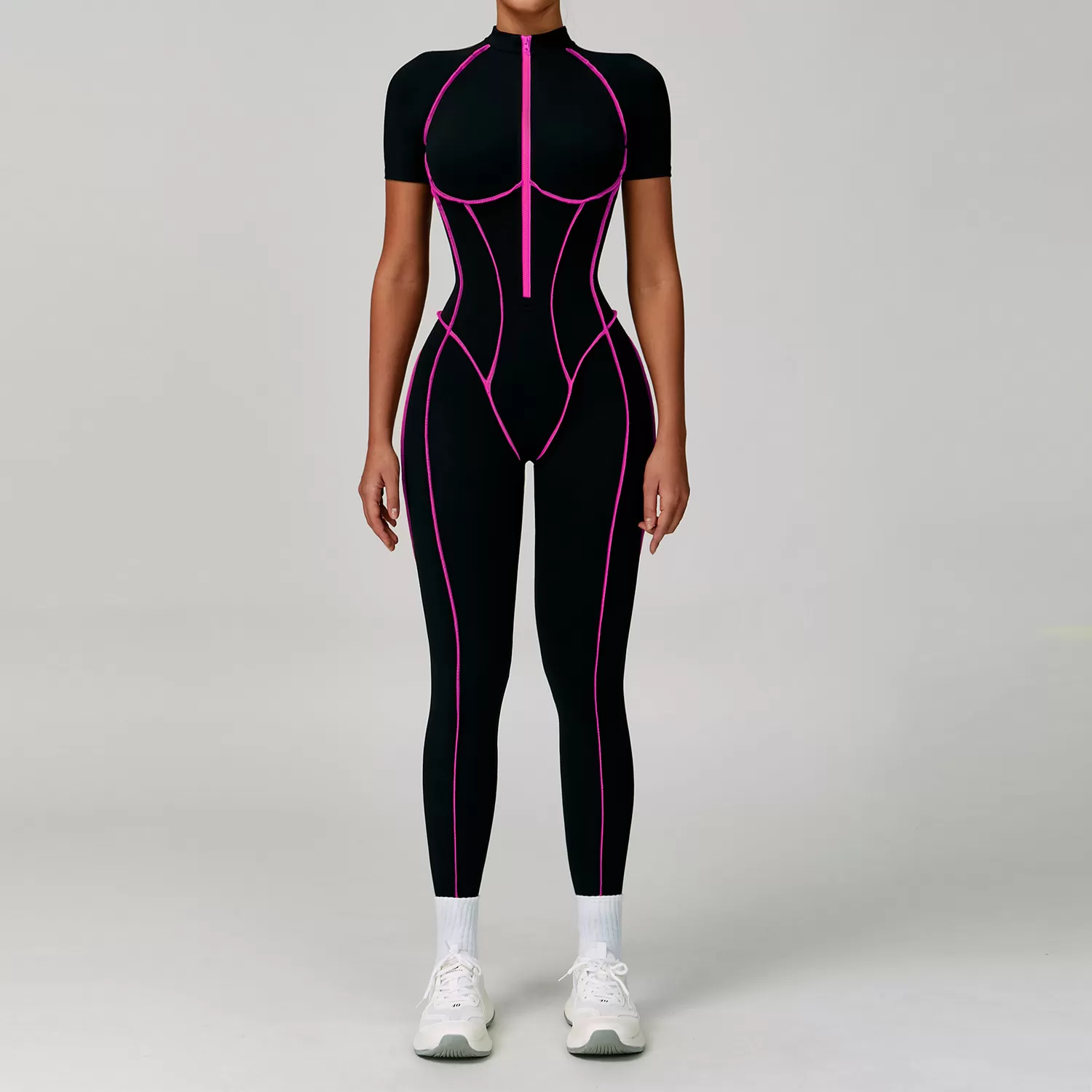 Women Yoga Short Sleeve Nude Feeling Gym Fitness Workout Zipper Jumpsuit FGBELT9322