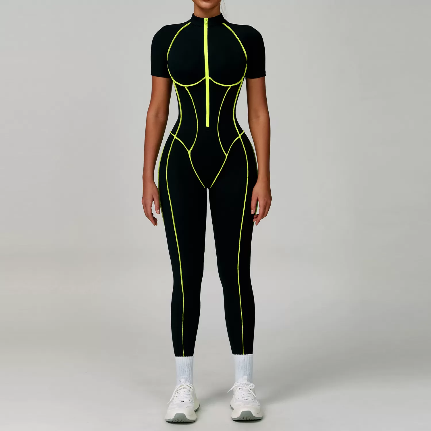 Women Yoga Short Sleeve Nude Feeling Gym Fitness Workout Zipper Jumpsuit FGBELT9322