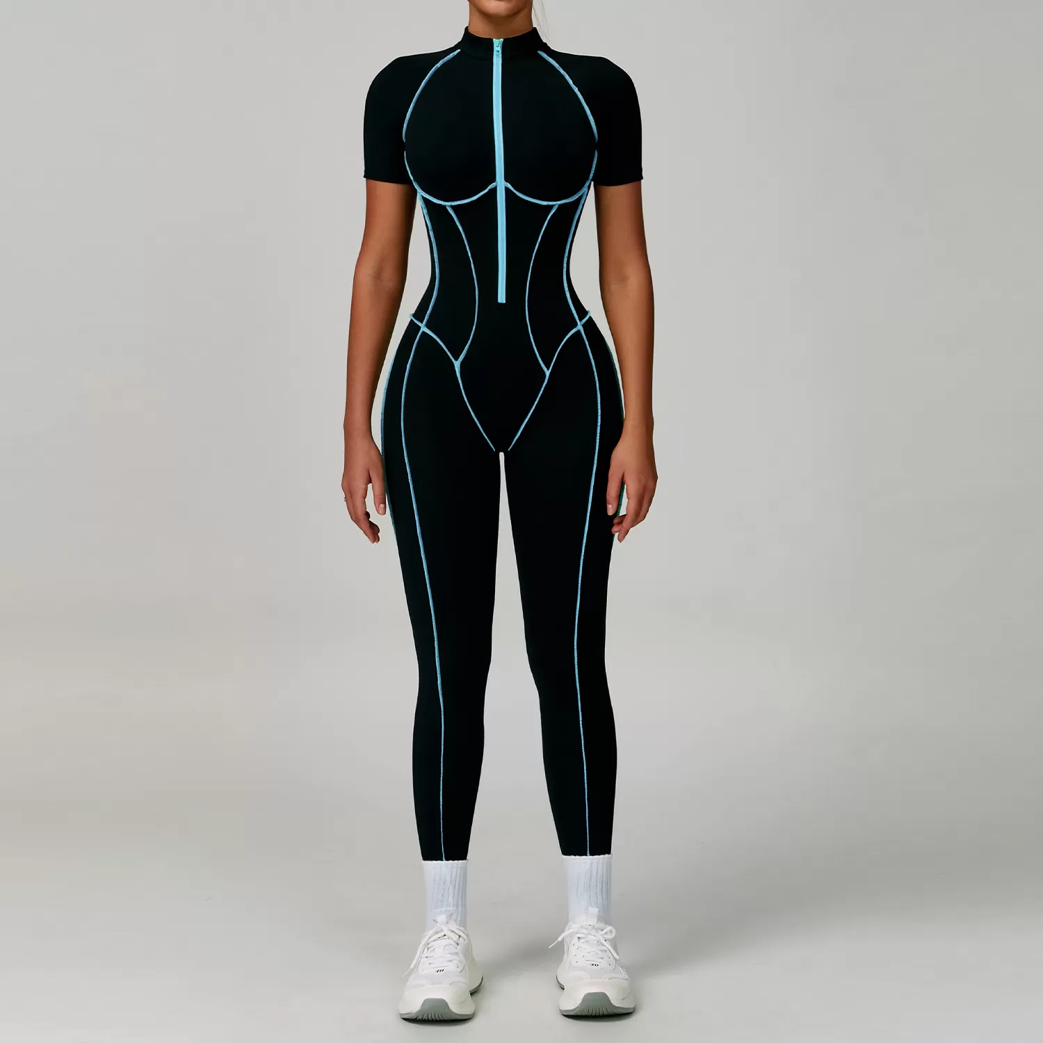 Women Yoga Short Sleeve Nude Feeling Gym Fitness Workout Zipper Jumpsuit FGBELT9322