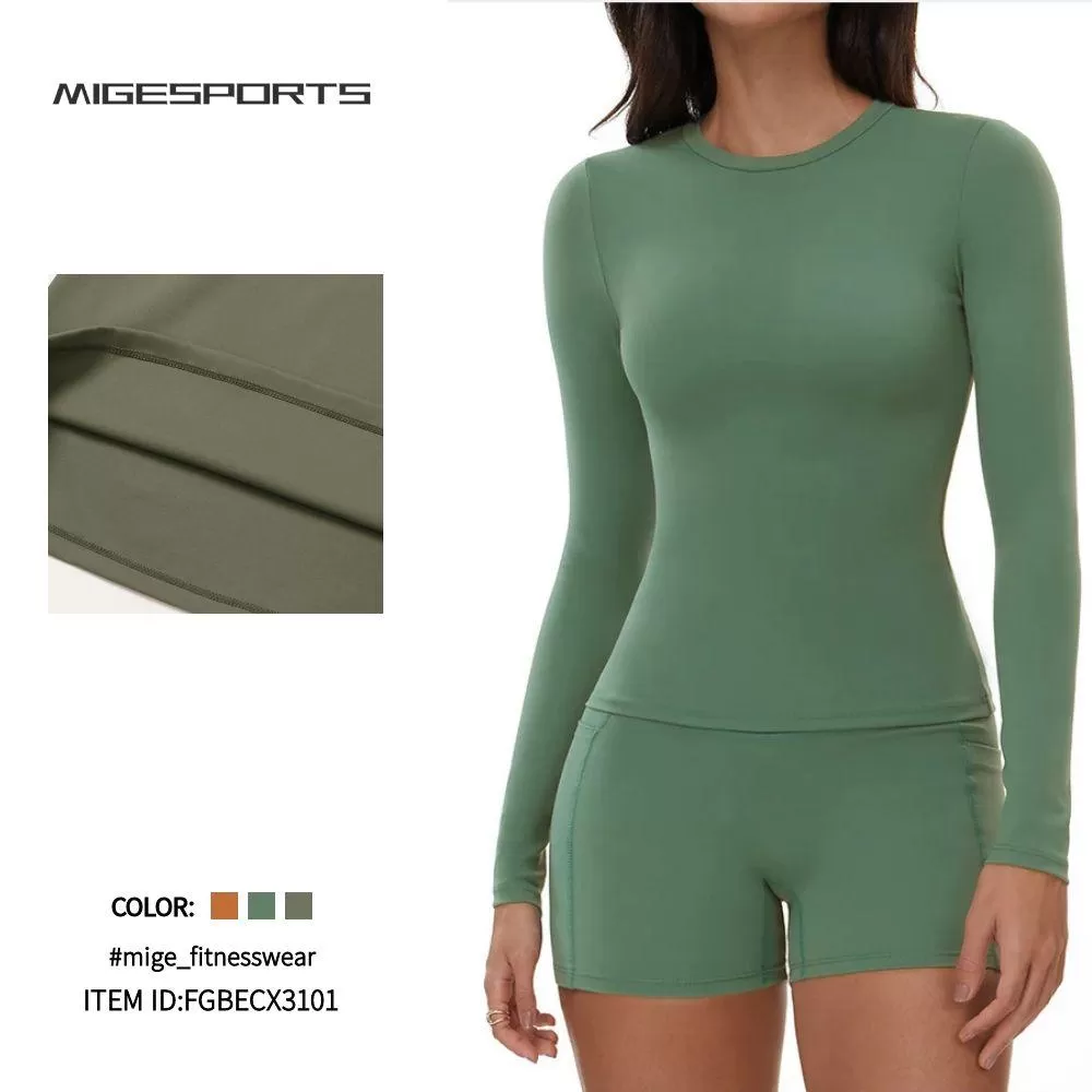 Crew Neck Workout Gym Shirts Long Sleeve Yoga Tops for Women FGBECX3103