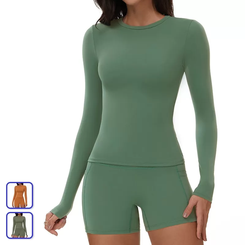 Crew Neck Workout Gym Shirts Long Sleeve Yoga Tops for Women FGBECX3103