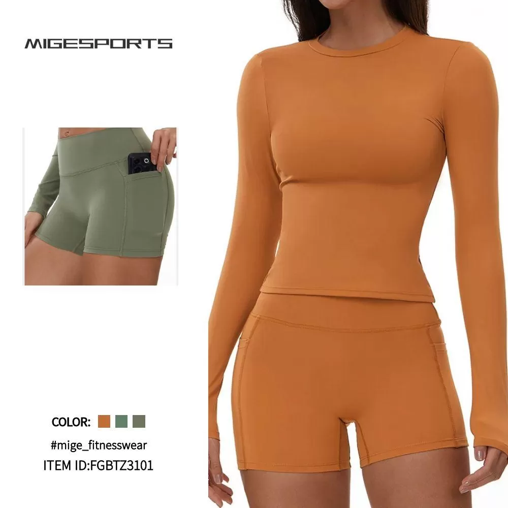 Women's Long Sleeve And Fitness Running Shorts Yoga 2 Piece Set FGBTZ3103