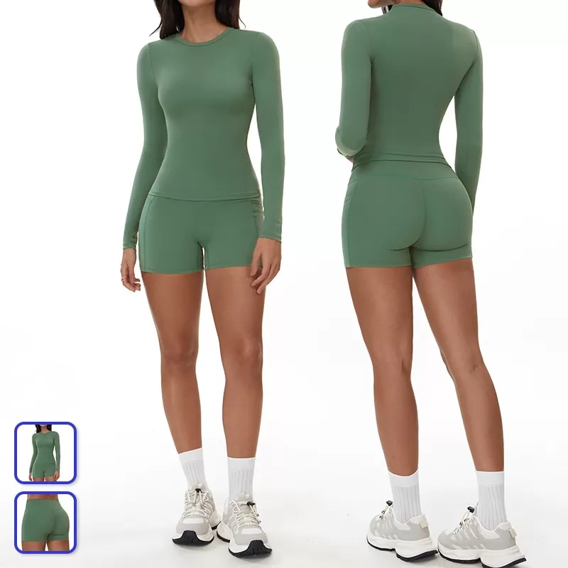 Women's Long Sleeve And Fitness Running Shorts Yoga 2 Piece Set FGBTZ3103