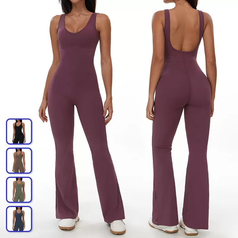 V Neck Backless Yoga Flare Jumpsuits for Women One Piece FGBELT3106