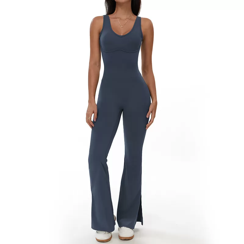 V Neck Backless Yoga Flare Jumpsuits for Women One Piece FGBELT3106
