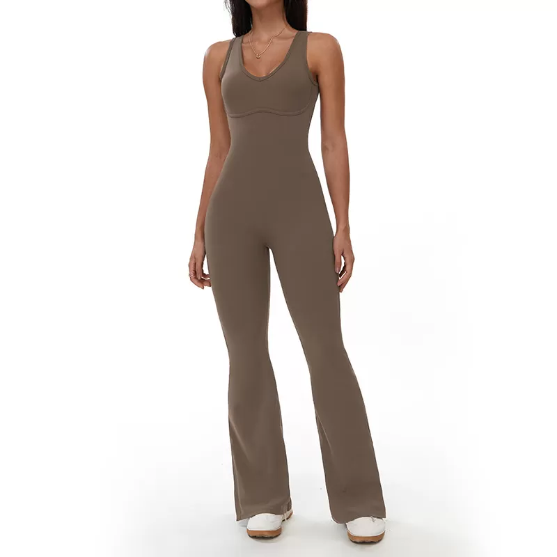 V Neck Backless Yoga Flare Jumpsuits for Women One Piece FGBELT3106