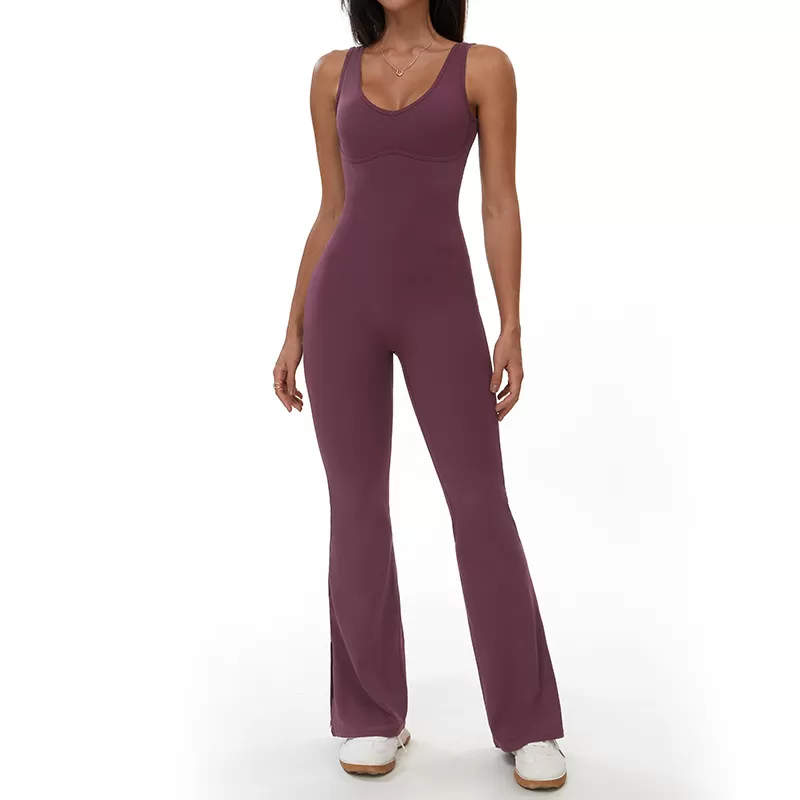 V Neck Backless Yoga Flare Jumpsuits for Women One Piece FGBELT3106