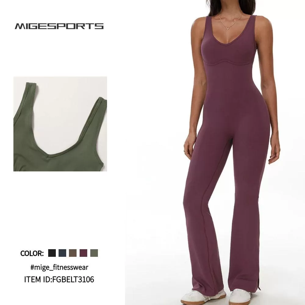 V Neck Backless Yoga Flare Jumpsuits for Women One Piece FGBELT3106