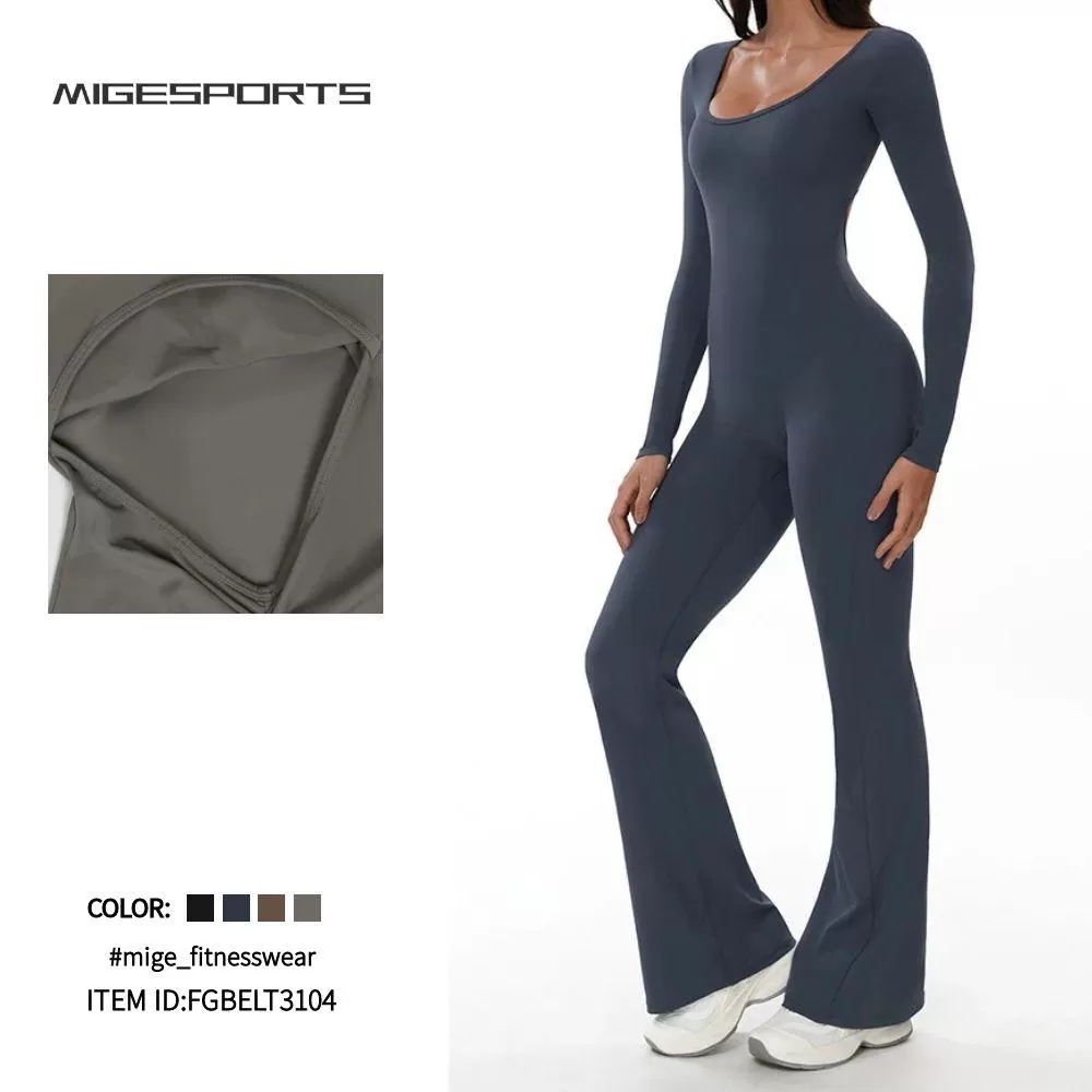 Sports Backless Long Sleeve Gym Flare Leggings Jumpsuits for Women FGBELT3104