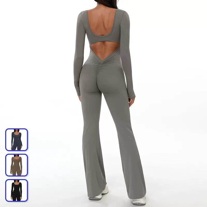 Sports Backless Long Sleeve Gym Flare Leggings Jumpsuits for Women FGBELT3104