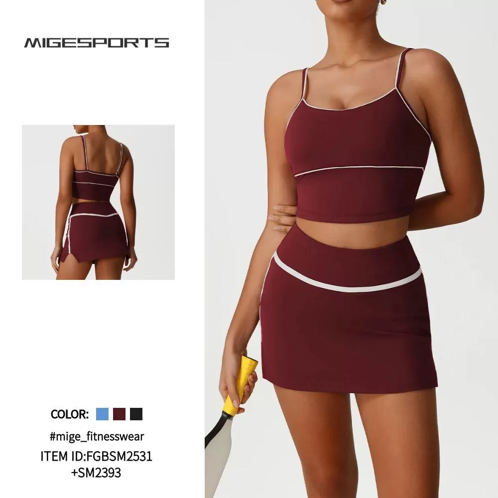Yoga Bra Long Sleeve  2 in 1 Skirts Suit Golf Tennis Skirt 3 Piece Set Women FGBSM2531+SM2393