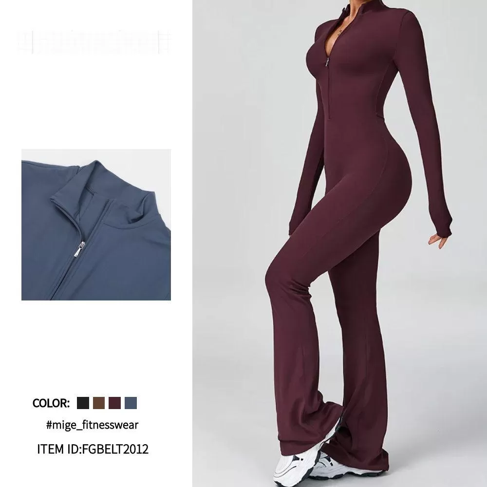 Sportswear Bodysuits Top Zip Long Gym Yoga One Piece Flare Fitness Jumpsuits for WomenHigh Quality FGBELT2012