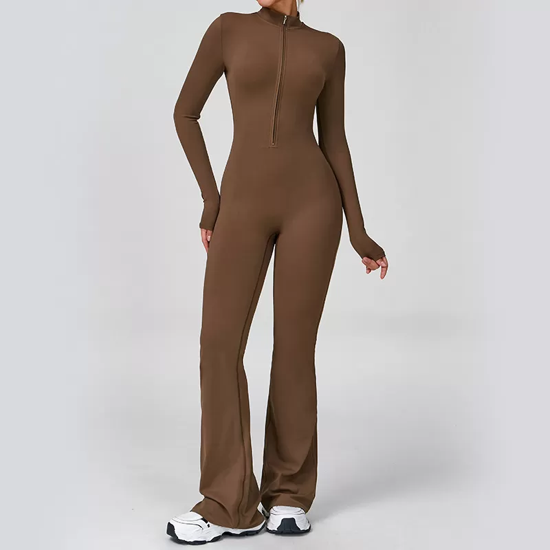 Sportswear Bodysuits Top Zip Long Gym Yoga One Piece Flare Fitness Jumpsuits for WomenHigh Quality FGBELT2012