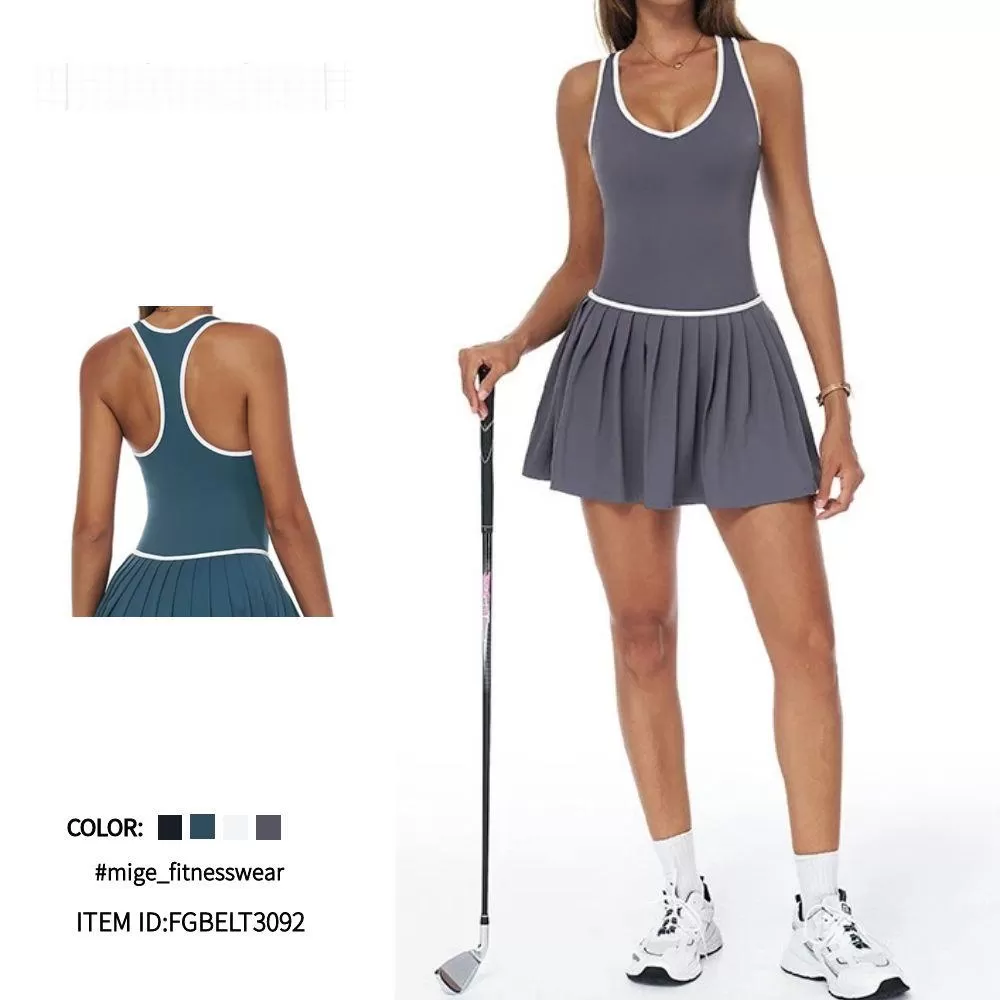 Women's  Pleated Sports Vest Tennis Dress Yoga Fitness Tennis Skirts FGBELT3092