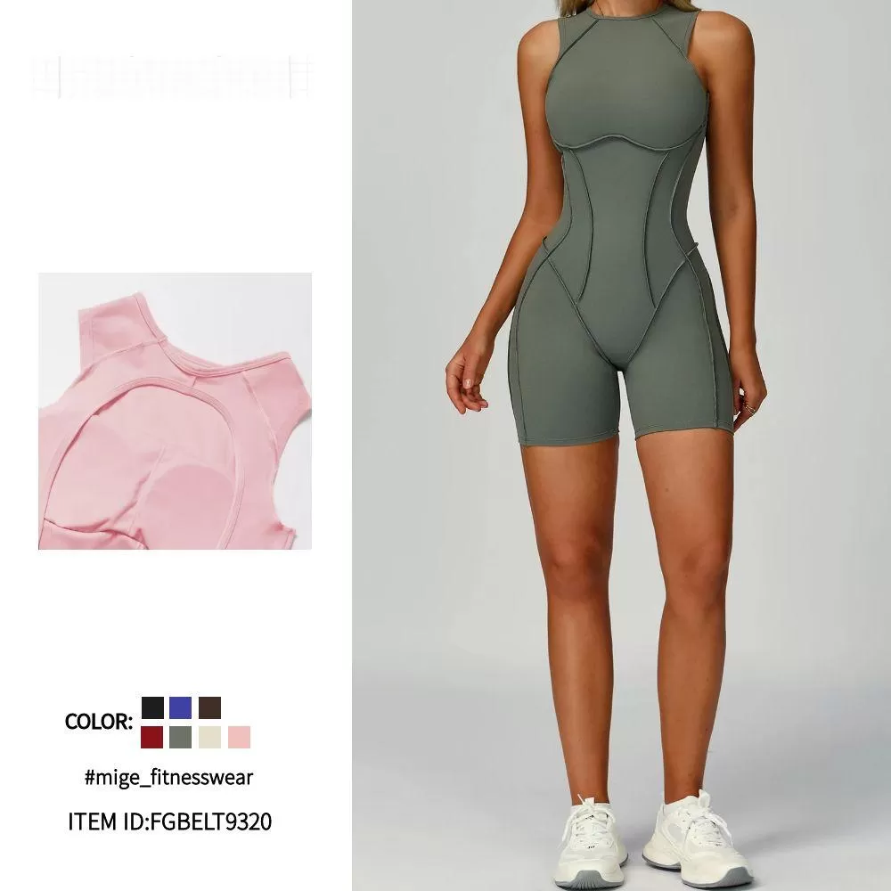 Women's Round Neck Summer Sports Bodysuit Yoga Clothes with Back Hollow Out Mat Sports Suit FGBELT9320