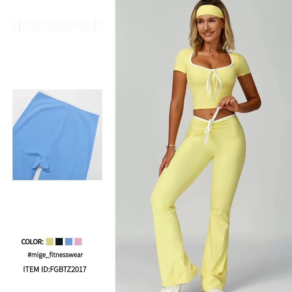 Gym Short Sleeve Tops Hairband Workout suits Long Pants Yoga Sets for Women FGBTZ2017