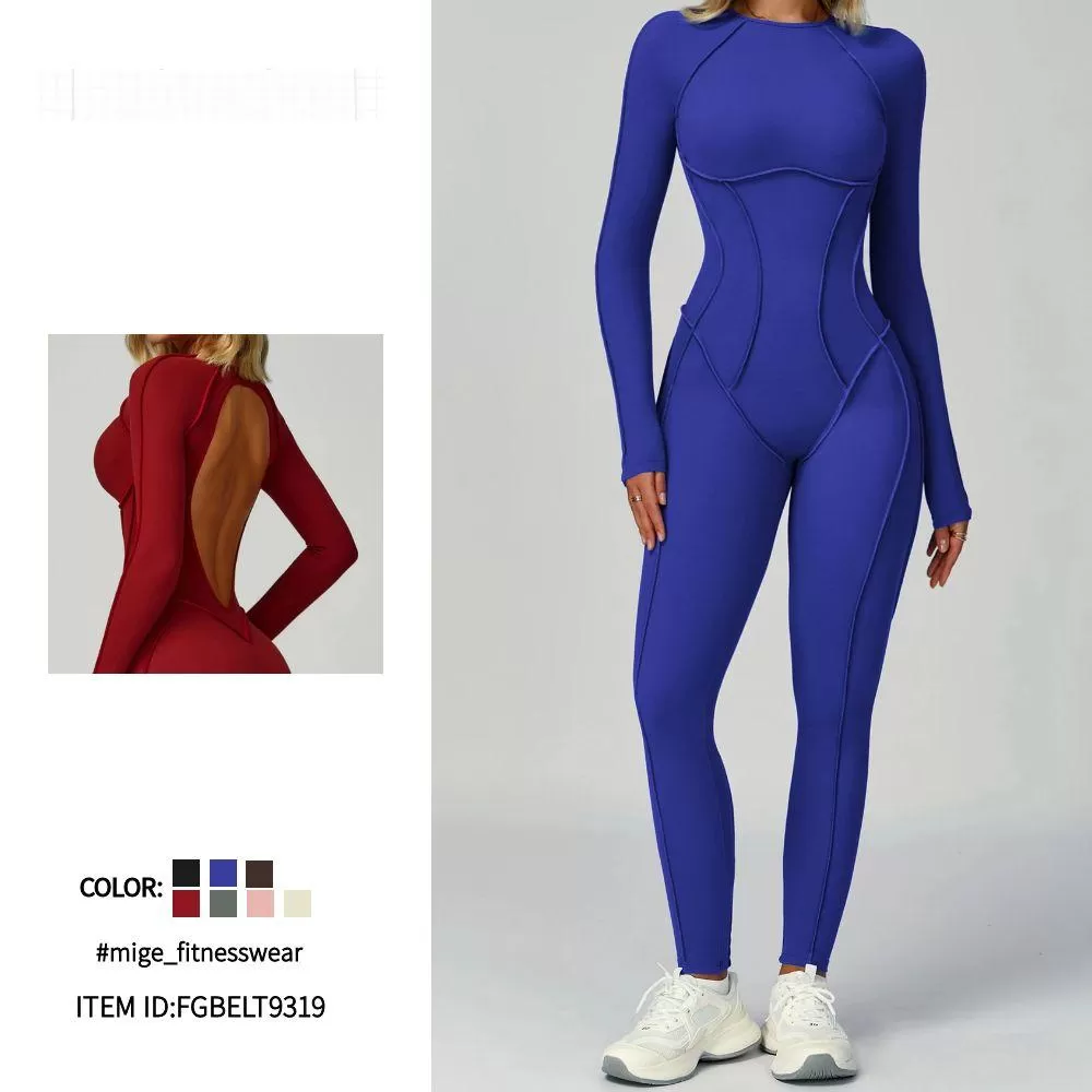 One Piece Long Sleeve Bodysuit Backless Three-dimensional Line Gym Yogasuit Women FGBELT9319