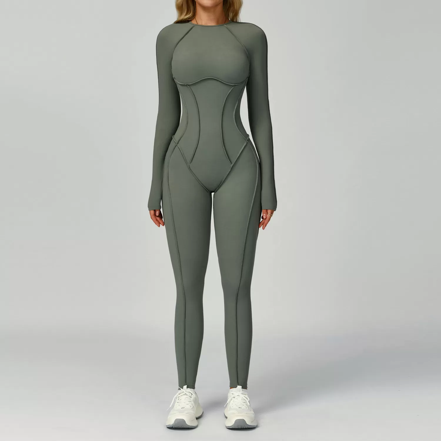 One Piece Long Sleeve Bodysuit Backless Three-dimensional Line Gym Yogasuit Women FGBELT9319