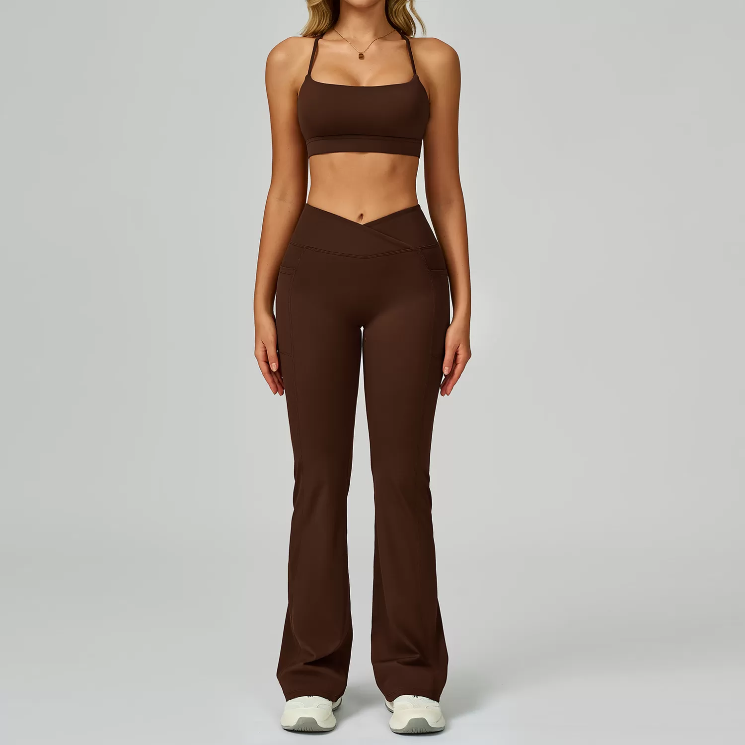 Brown bra+bell-bottom pants