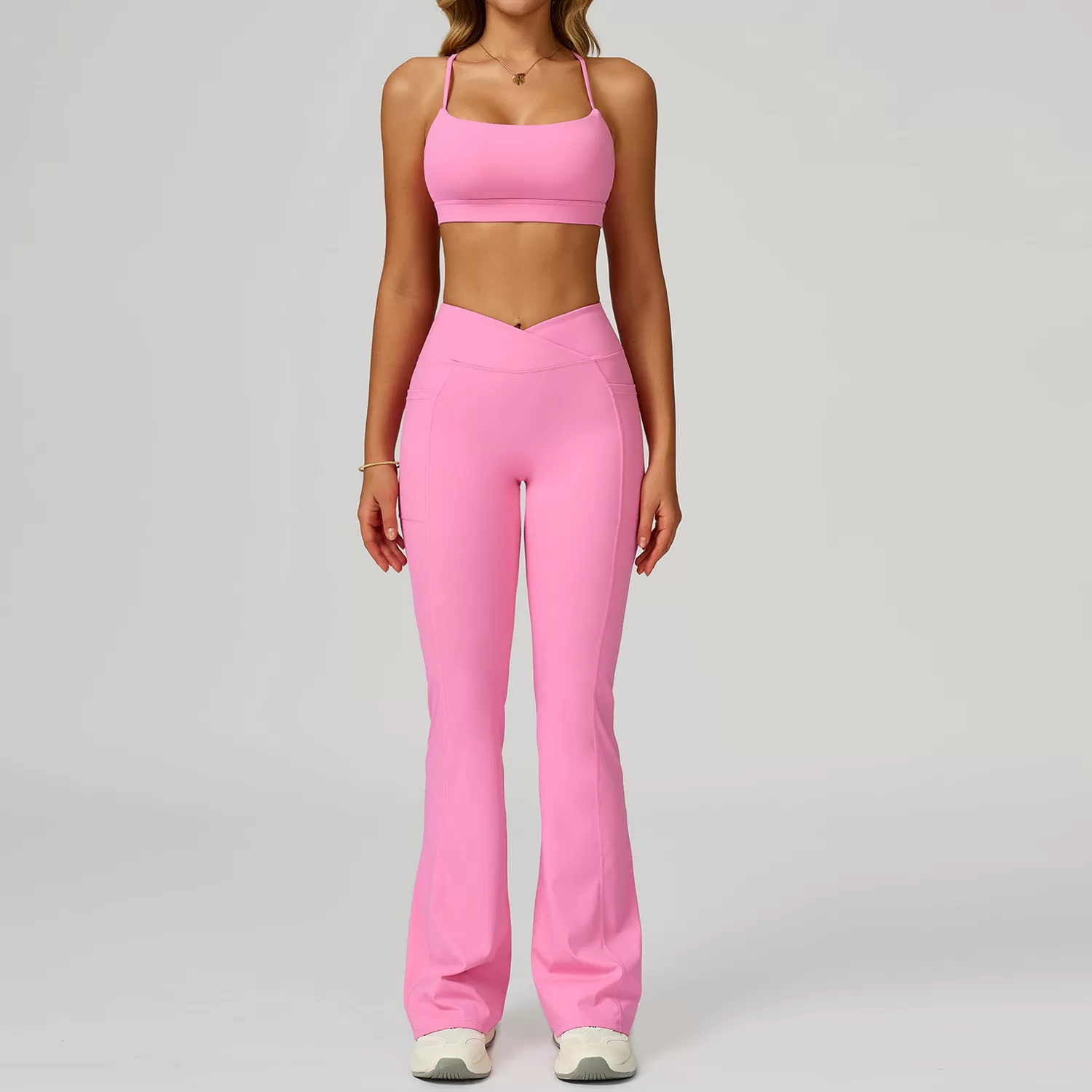 Pink  bra+bell-bottom pants