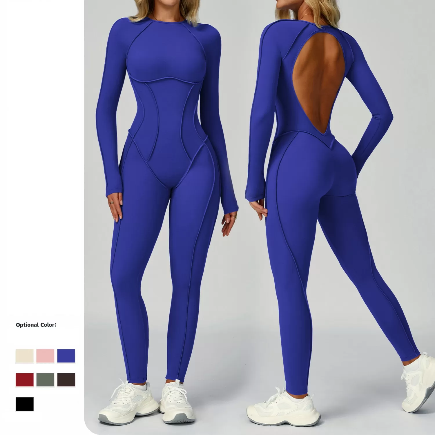 One Piece Long Sleeve Bodysuit Backless Three-dimensional Line Gym Yogasuit Women FGBELT9319