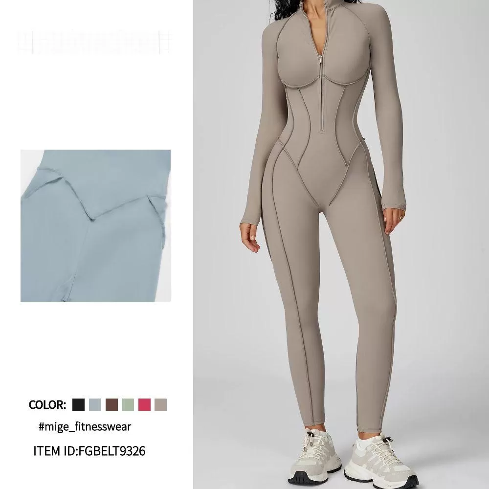 3 D Lines Fitness Jumpsuits Zip Long One Piece Gym Yoga FGBELT9326