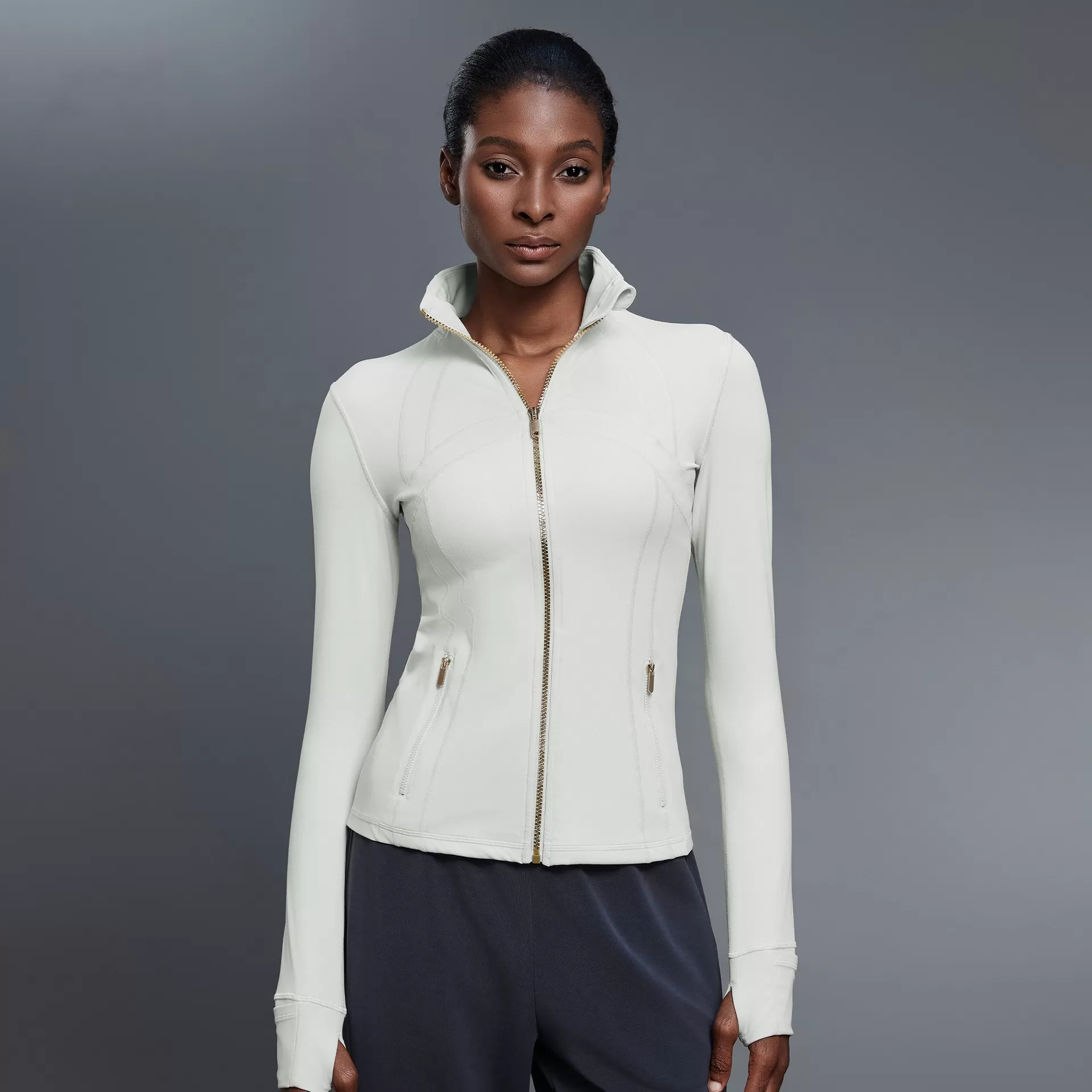 Custom Logo Zipper Women Jacket With Thumb Hole Soft Stretchy Long Sleeve Top FGBDAW182-2