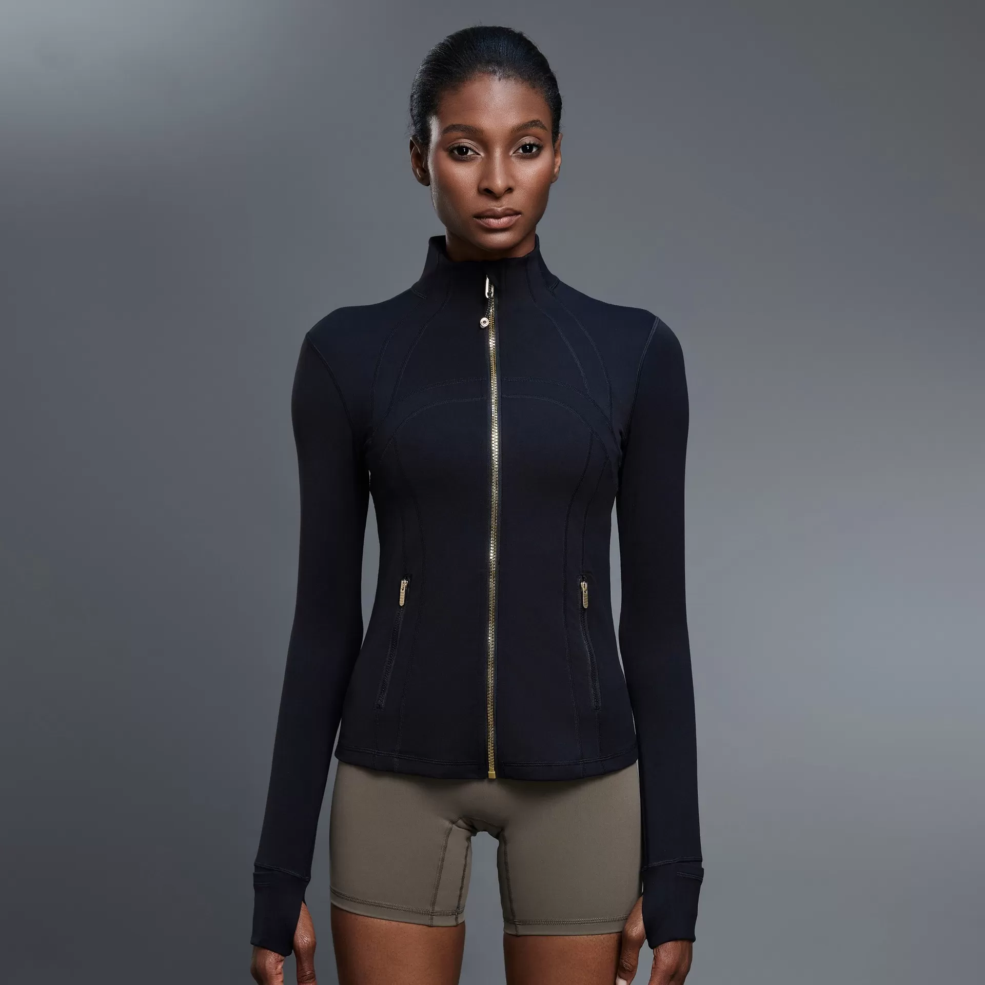 Custom Logo Zipper Women Jacket With Thumb Hole Soft Stretchy Long Sleeve Top FGBDAW182-2