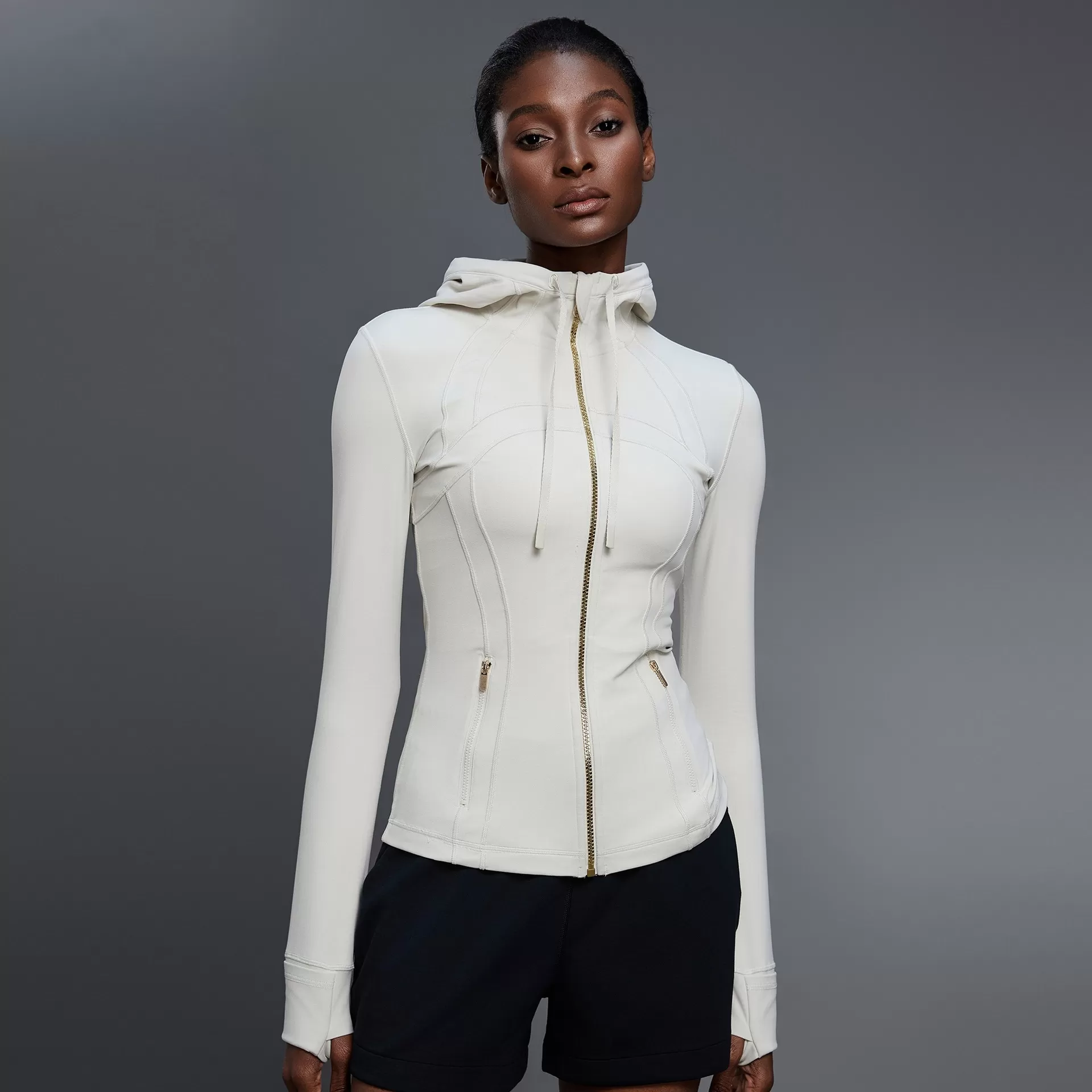 Custom Logo Zipper Women Hooded Jacket With Thumb Hole Soft Stretchy Long Sleeve Top FGBDAW204-2