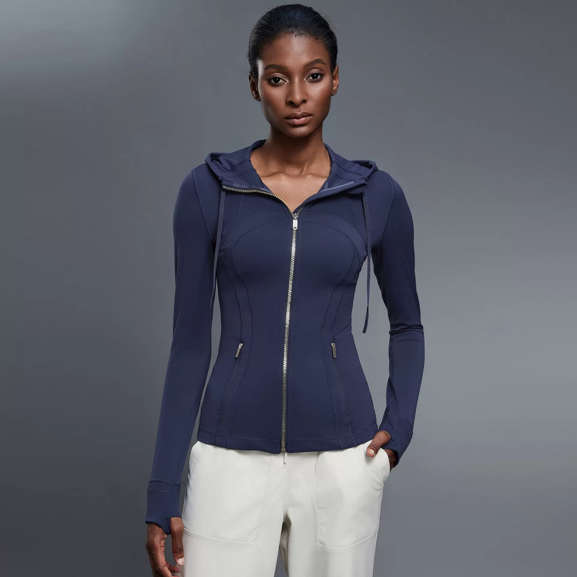 Custom Logo Zipper Women Hooded Jacket With Thumb Hole Soft Stretchy Long Sleeve Top FGBDAW204-2