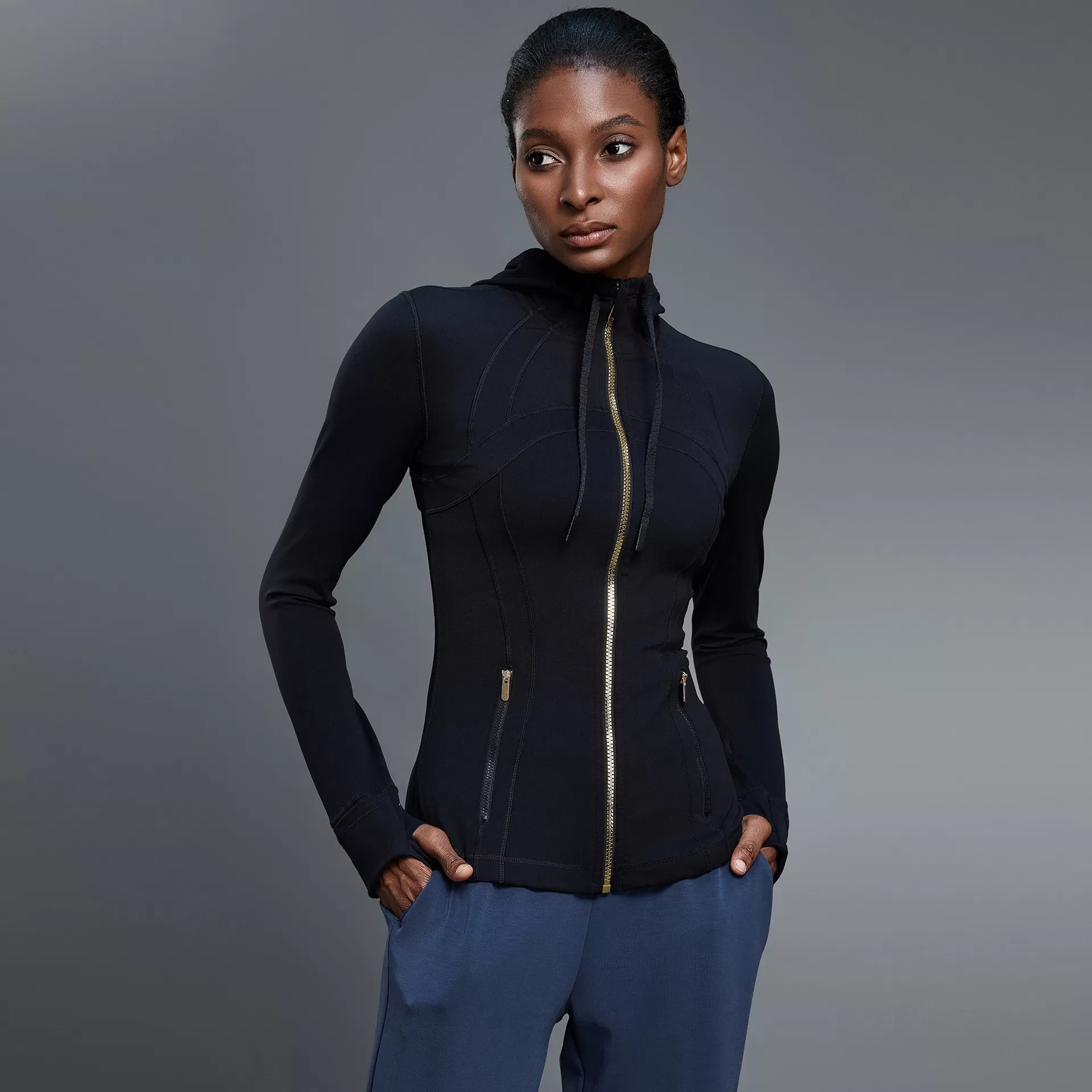 Custom Logo Zipper Women Hooded Jacket With Thumb Hole Soft Stretchy Long Sleeve Top FGBDAW204-2