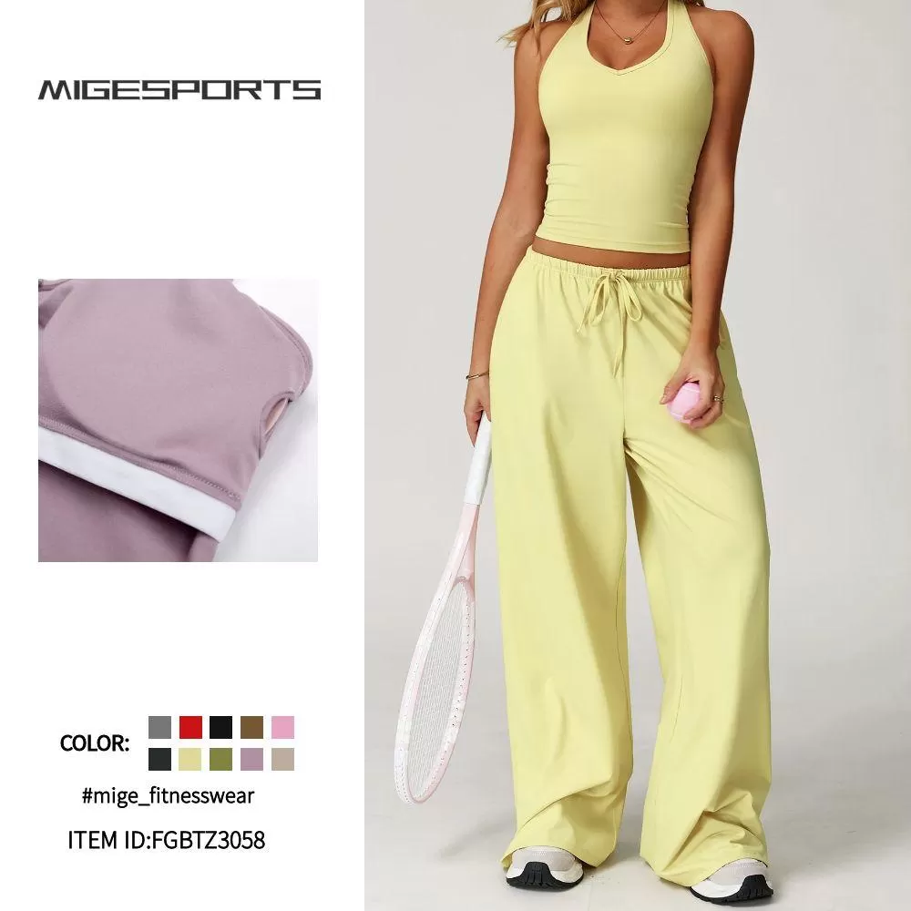 Sports Yoga Set Solid Vest Bell-bottom Pant Drawstring Two-Piece Women's Yoga Set FGBTZ3058