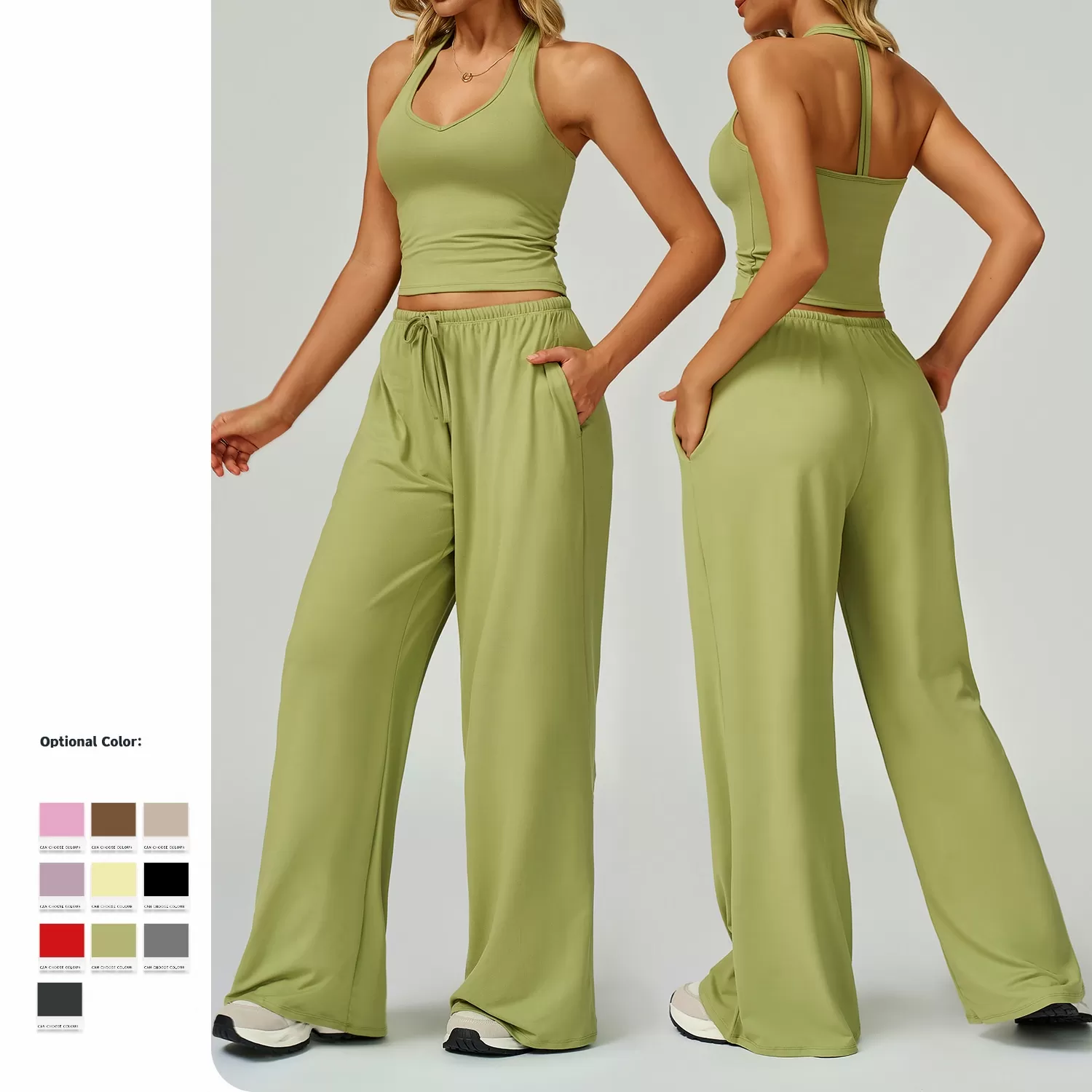 Sports Yoga Set Solid Vest Bell-bottom Pant Drawstring Two-Piece Women's Yoga Set FGBTZ3058